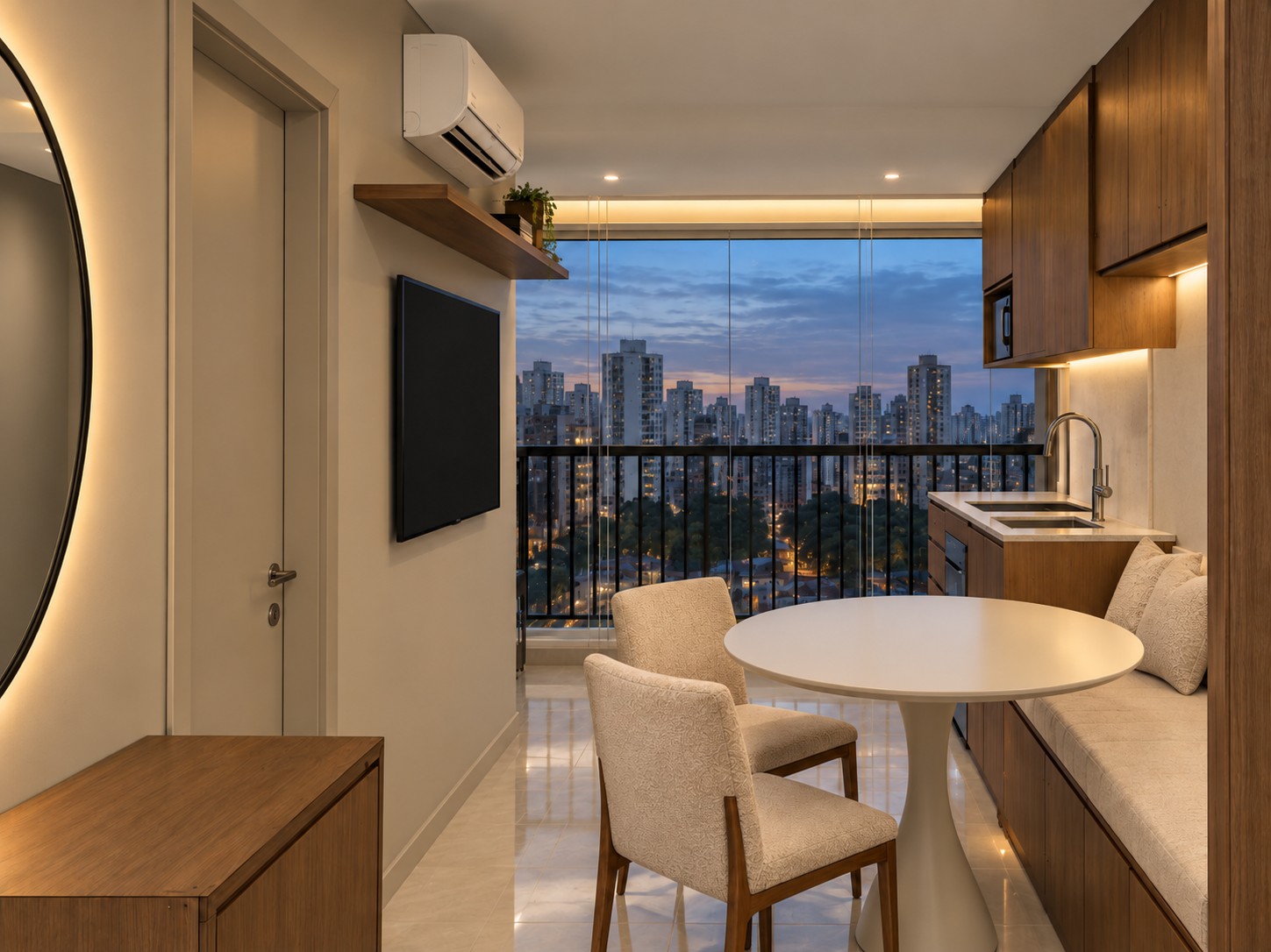 Cozinha na varanda e banco junto à mesa no projeto de Patrícia