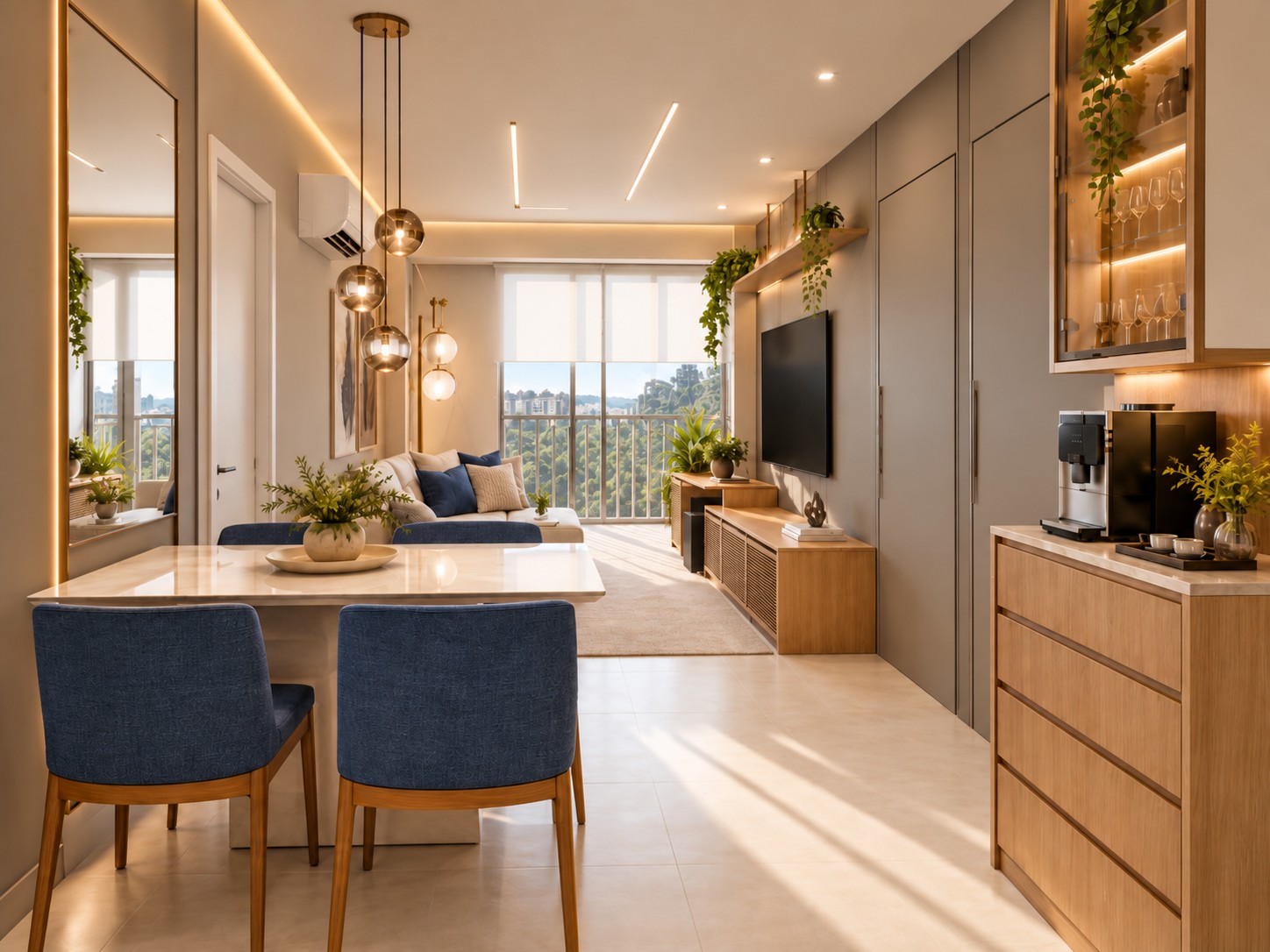 Sala e cozinha de Tabata e Vinícius — visualização arquitetônica